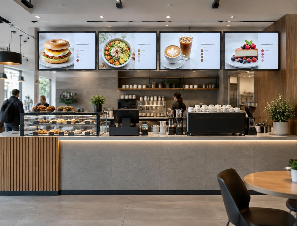 Digital menu board screens above a café counter
